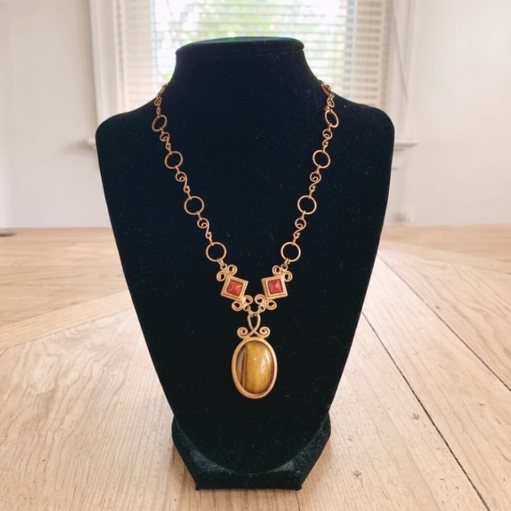 Chunky Gold Tone Tiger's Eye Statement Necklace